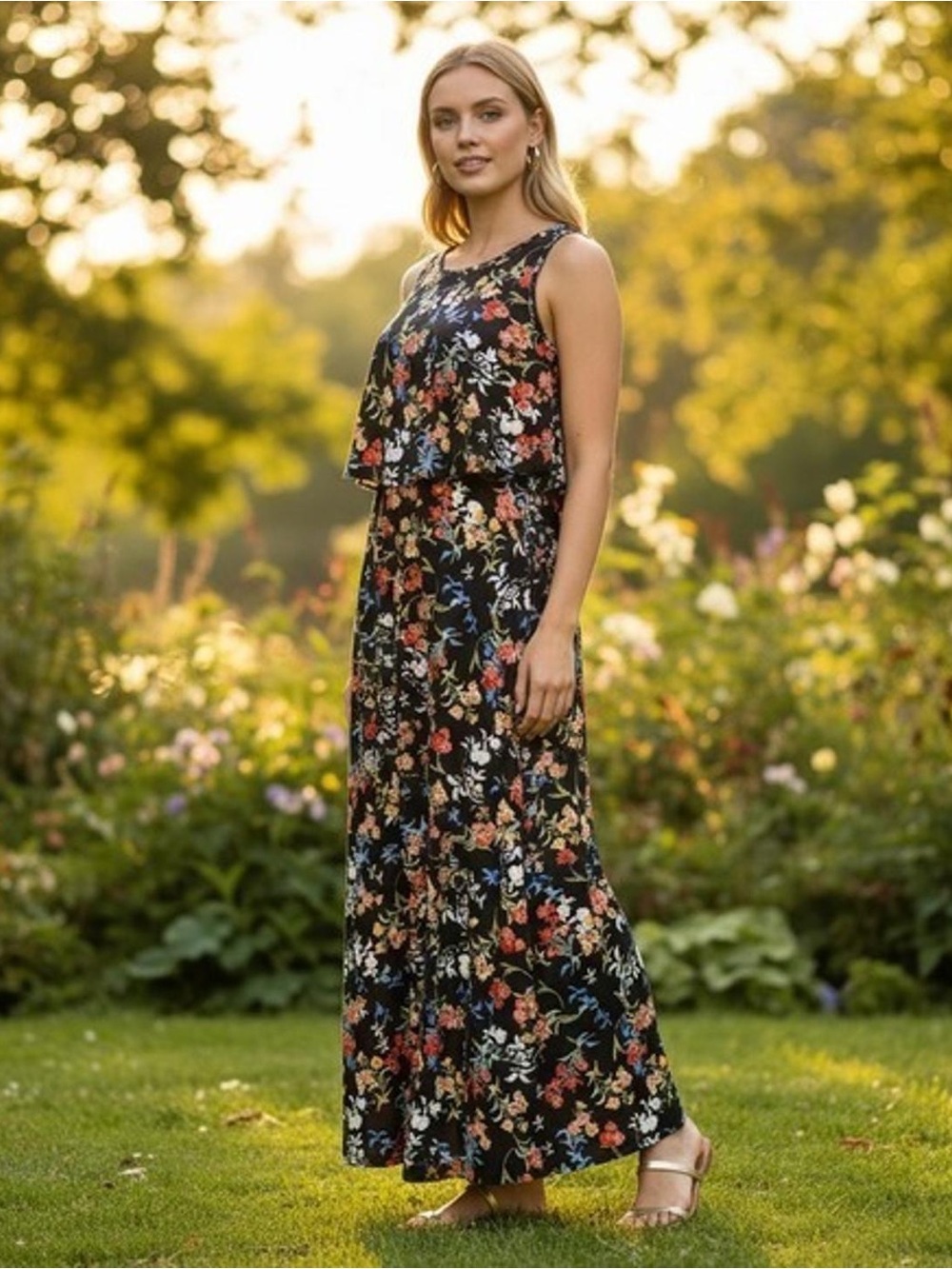 Black Floral Maxi Dress Sleeveless Flowy layered Boho Romantic cottagecore